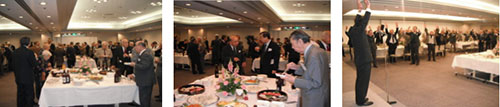 和やかな総会懇親会風景(左・中) 万歳三唱(右)で終了